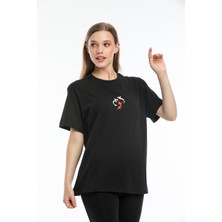 Argentum Look Kadın Siyah Koi Balığı Nakışlı %100 Pamuk Oversize T-Shirt