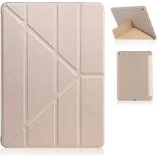 Case 4U Apple iPad 10.2 2021 (9.Nesil) Kılıf Kalem Bölmeli Tri Folding Smart Standlı Pu Deri Arkası Yumuşak Silikon 360 Tam Koruma Altın