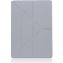 Case 4U Apple iPad 10.2 2021 (9.Nesil) Kılıf Kalem Bölmeli Tri Folding Smart Standlı Pu Deri Arkası Yumuşak Silikon 360 Tam Koruma Gri