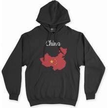 Cix Cix Çin Haritalı ve Bayraklı Siyah Kapşonlu Sweatshirt Hoodie