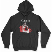 Cix Cix Kanada Haritalı ve Bayraklı Siyah Kapşonlu Sweatshirt Hoodie