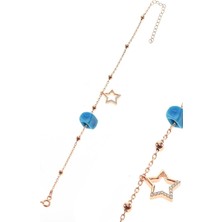 Söğütlü Silver Gümüş Yıldız ve Toplu Turkuaz Taşlı Zincir Halhal