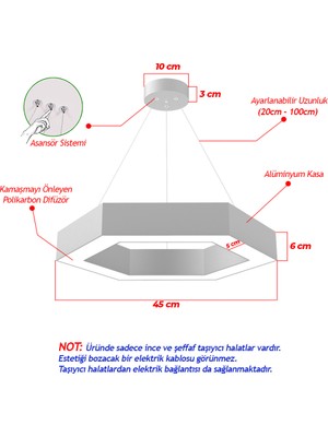 Hegza Lighting Hexagon (Gri Kasa, Beyaz Işık) Ledli Modern LED Avize