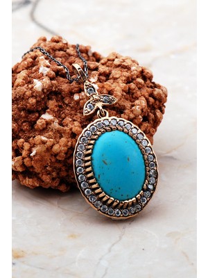 Sümer Telkari Doğal Turkuaz Taşlı Elişi Gümüş Kolye 7295