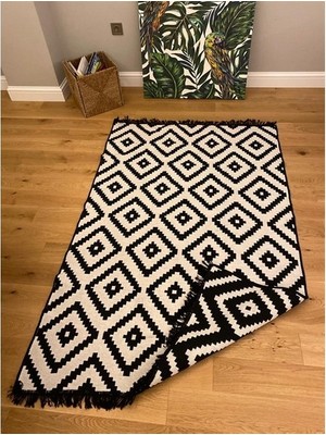 MarkaEv Cotton Siyah - Beyaz Çift Taraflı Kilim 02 160 x 250