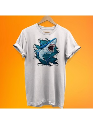 Remonz Köpekbalığı Baskılı %100 Pamuk Oversize T-Shirt Büyük Beden Tişört