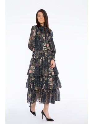 GIZIA Bow Neck Long Chiffon Dress With Floral Pattern