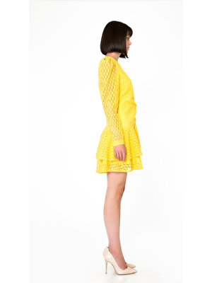 GIZIA Uzun Kollu Sarı Mini Dantel Elbise