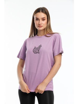 Argentum Look Kadın Lila Kedi Nakışlı %100 Pamuk Oversize T-Shirt