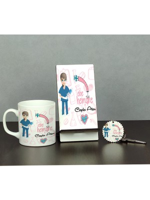 Hediyelen Ebe Hemşireye Hediye Üçlü Set (Kupa + Telefon Standı + Anahtarlık)