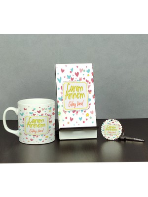 Hediyelen Canım Annem Kalpli Üçlü Set (Kupa + Telefon Standı + Anahtarlık)