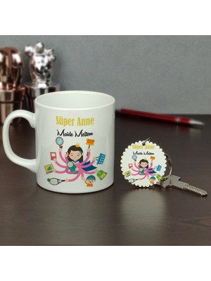 Hediyelen Süper Anne Kupa Bardak ve Anahtarlık Set