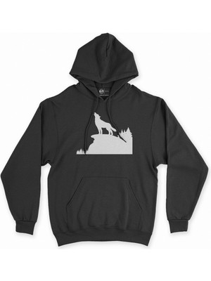 Cix Cix Dağda Uluyan Kurt Siyah Kapşonlu Sweatshirt Hoodie