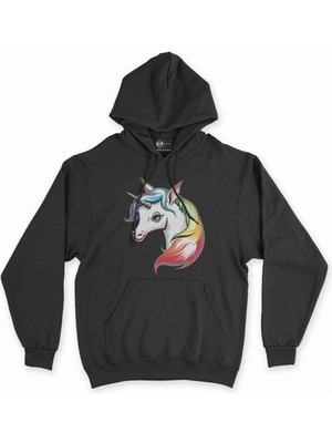 Cix Cix Renkli Unicorn Siyah Kapşonlu Sweatshirt Hoodie