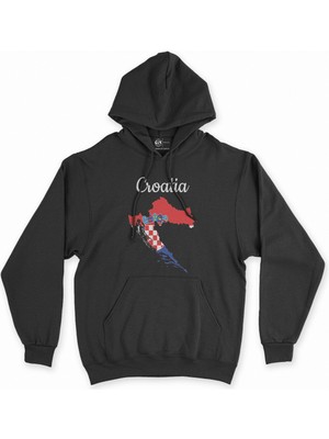 Cix Cix Hırvatistan Haritalı ve Bayraklı Siyah Kapşonlu Sweatshirt Hoodie