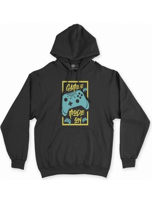Cix Cix Mavi Gamer Mode On Siyah Kapşonlu Sweatshirt Hoodie