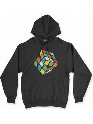 Cix Cix Rubik Küp Tasarımlı Siyah Kapşonlu Sweatshirt Hoodie