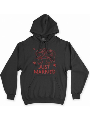 Cix Cix Just Married Çizimli Siyah Kapşonlu Sweatshirt Hoodie