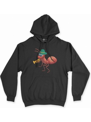 Cix Saksafon Çalan Karınca Siyah Kapşonlu Sweatshirt Hoodie