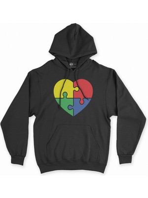 Cix Cix Otizm Renkli Kalp Siyah Kapşonlu Sweatshirt Hoodie