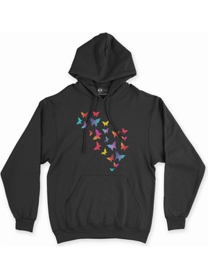 Cix Renkli Kelebekler Siyah Kapşonlu Sweatshirt Hoodie