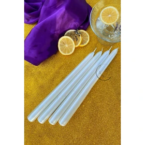 Sanat Sepet İşleri Premium Seri Kokulu Beyaz Rengi Sedefli Konik Şamdan Mum 4'lü Set