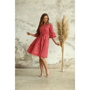 Küçüğüm Butik Kırmızı Çiçekli Belden Büzgülü Elbise