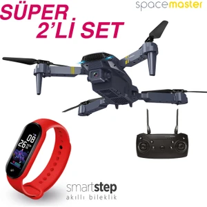 SD03 Katlanabilir 720P Kameralı Smart Drone + PSSW09 Akıllı Bileklik Kırmızı