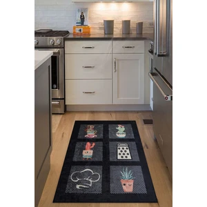 Decomia Home Dijital Baskılı Kaymaz Dot Taban Makinede Yıkanabilir Şef, Kaktüs Desenli Siyah Mutfak HALISI-D5004