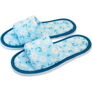 Kadın Mavi Çiçek Desenli Önü Açık Yumuşak Tabanlı Ev Terlik