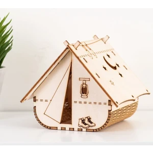 Çocuk Genç Odası Için Doğal Ahşap Mdf 3D Puzzle Lazer Kesim Kamp Çadırı - Ev Abajur  - Masa Lambası