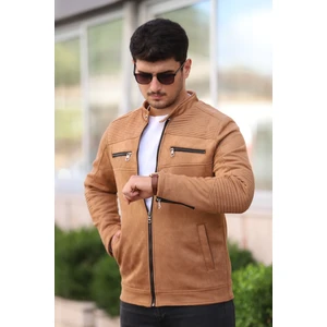Erkek Kahverengi Dik Yaka Süet Slim Fit Kışlık Mont