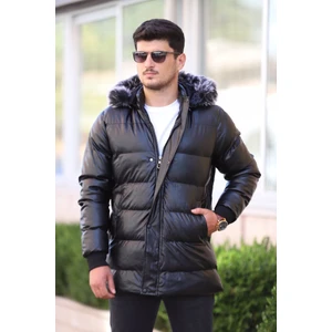 Erkek Kapüşonu Çıkarılabilir Siyah Şişme Uzun Deri Mont