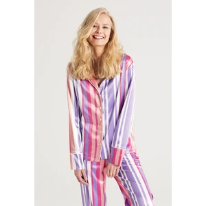 Z A U Saten Çizgili Pijama Takımı-Pembe