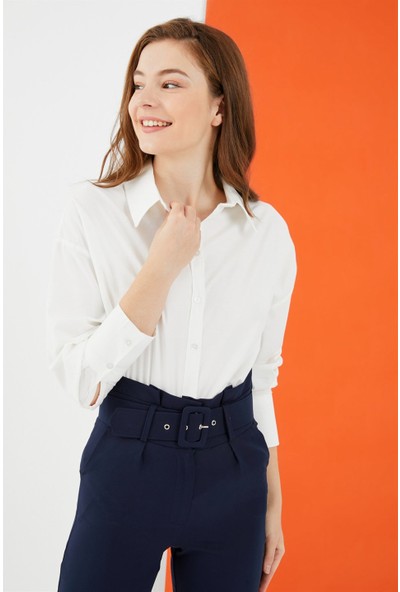 Z Giyim Kadın Ekru Oversize Pamuklu Düz Gömlek
