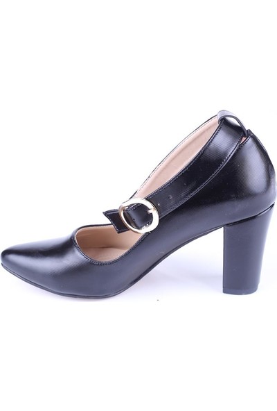 Ceylan 0337 Siyah 7 cm Topuklu Tokalı Kadın Cilt Ayakkabı