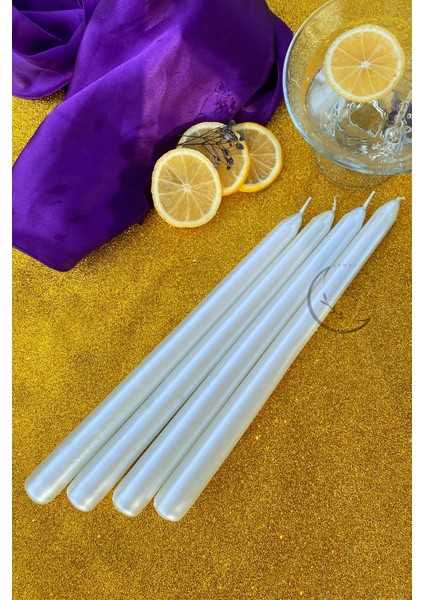Premium Seri Kokulu Beyaz Rengi Sedefli Konik Şamdan Mum 4'lü Set
