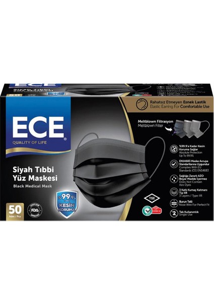 Tıbbi Maske Siyah 50' Li