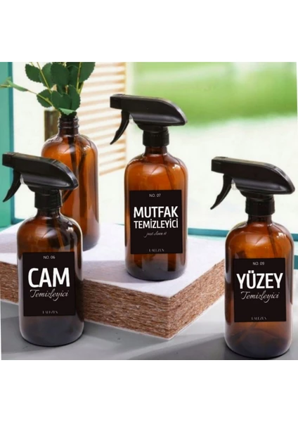 3 Adet Amber Cam Şişe 500 ml ( Cam, Yüzey, Mutfak Temizleyici Etiketli)