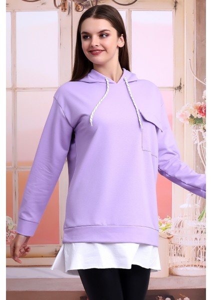 21404011 Ikiiplik Kapşonlu Cepli Etek Garnili Uzun Sweatshir Lıla modelleri