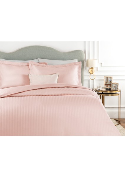 Elicia King Size Çizgili Saten Nevresim Takımı - Pudra