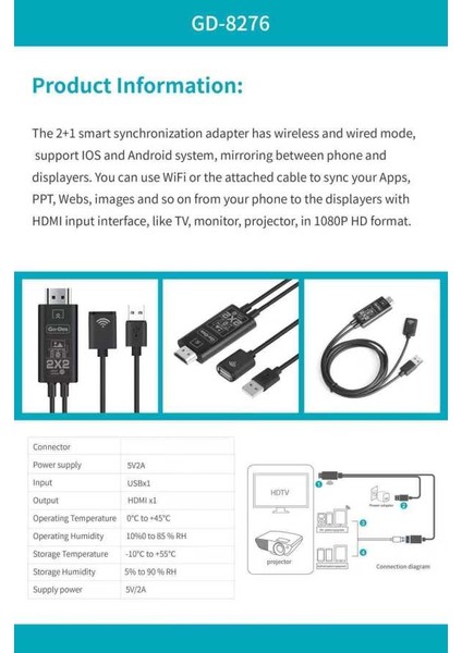 Go Des GD-8276 Wireless Display Dongle Kablosuz HDMI 1080P Görüntü Aktarım 110 cm