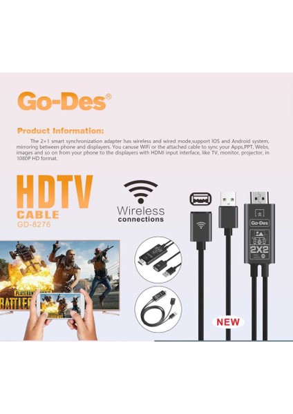 Go Des GD-8276 Wireless Display Dongle Kablosuz HDMI 1080P Görüntü Aktarım 110 cm