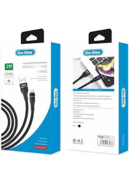 Go Des GD-UC530 Type-C USB Kablo 2.4A Hızlı Şarj Kablosu 2 Metre Data Kablo Naylon Örgü