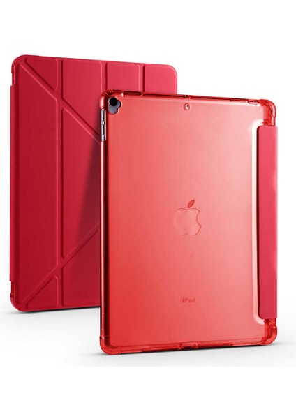 Apple iPad 10.2 2021 (9.nesil) Uyumlu Tri Folding Smart With Pen Standlı Kılıf Kırmızı
