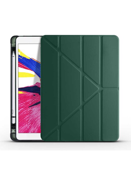 Apple iPad 10.2 2021 (9.nesil) Uyumlu Tri Folding Smart With Pen Standlı Kılıf Koyu Yeşil