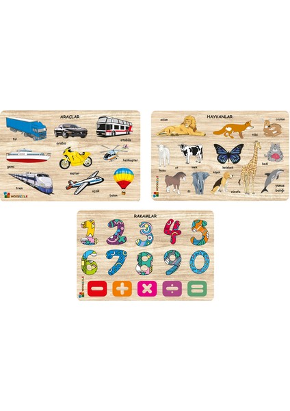 3'lü Süper Set Ahşap Eğitici Öğretici Yapboz Bulmaca Hayvanlar- Sayılar -Araçlar Bultak Ahşap Puzzle