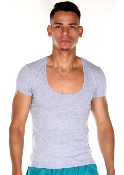 Açık Yaka Gri Erkek T-Shirt