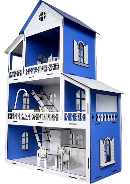 Üç Katlı Ahşap 60'lık Çocuk Oyun Evi Mavi