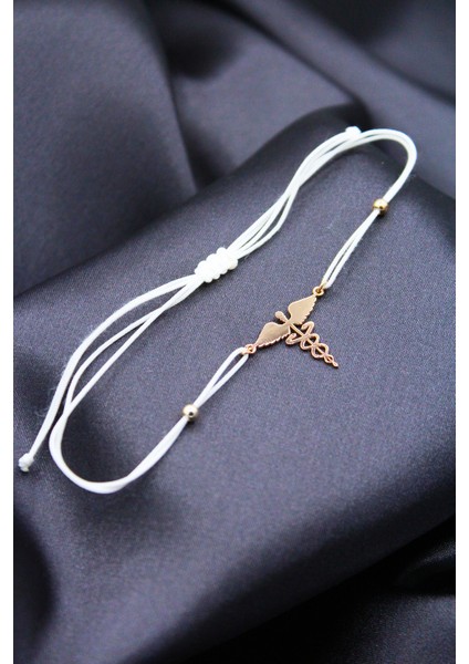 925 Ayar Gümüş Rose Sağlık Sembolü Beyaz Makrome Bileklik